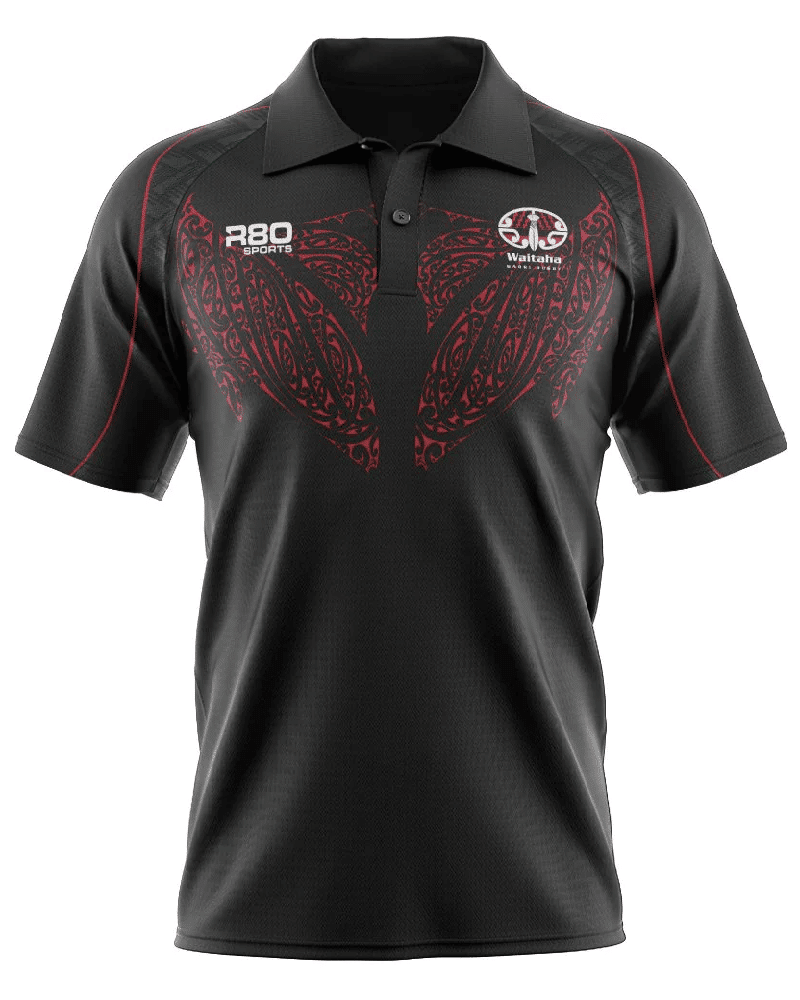 Black performance polo with chest branding and red patterned detail