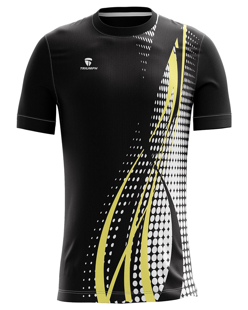 Black fitted sports top with yellow side-panel graphics